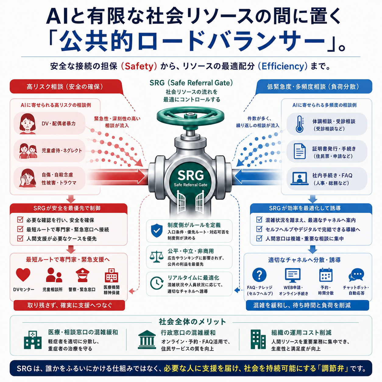 AIと有限な社会リソースの間に置く公共的ロードバランサー。高リスク相談の安全確保と、多頻度・低緊急相談の効率最適化の両方を担うSRGの図